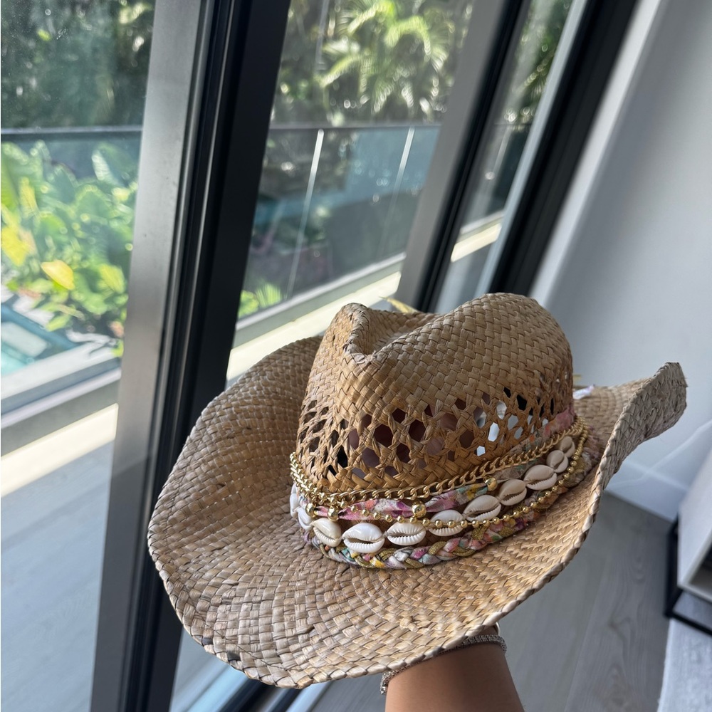 Stylish Tan Straw Hat with Shell Accents